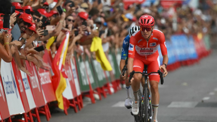 Team UAE's Slovenian rider Tadej Pogacar followed by Team Movistar's Spanish rider Enric Mas crosses first the finish line of the sixth stage of the Vuelta a Espana 2026, a 177,4 km race between Alcossebre and Castellon de la Plana on August 27, 2026. (Photo by JOSE JORDAN / AFP)
