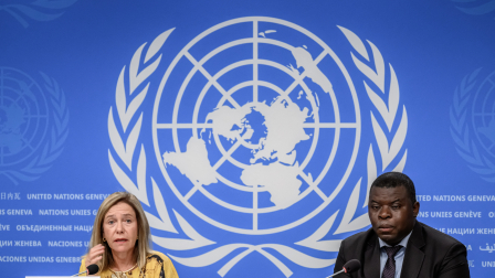 La secretaria general de la Organización Meteorológica Mundial (OMM), Celeste Saulo, y el jefe de la sección de predicción climática de la OMM, Wilfran Moufouma-Okia, en conferencia de prensa sobre la actualización de El Niño.