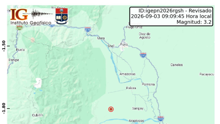 Un temblor se registró en Pastaza este jueves 3 de septiembre de 2026.