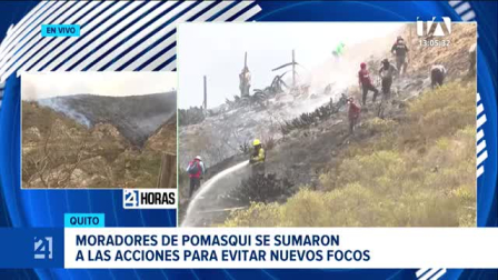 Las labores de sofocación se concentran en la cumbre de la montaña, los bomberos buscan impedir la propagación de las llamas hacia zonas habitadas. Un reporte de Brigette Mancheno