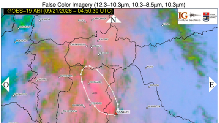 La nube de ceniza del Sangay cambió de dirección hacia el norte y noroccidente, con posible afectación en Cebada, Guamote y Riobamba.
