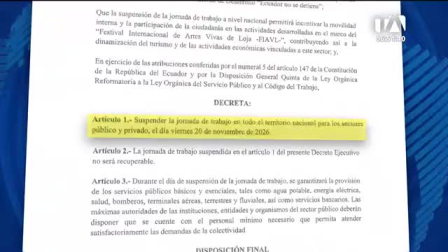 La medida rige para los sectores público y privado bajo el Decreto 507, garantizando servicios esenciales y buscando incentivar la participación en el Festival de Artes Vivas de Loja.