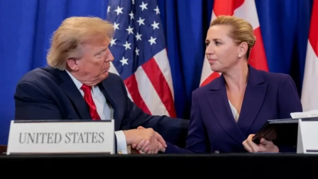 Donald Trump, Mette Frederiksen durante la firma del acuerdo de seguridad entre EE.UU. y Groenlandia