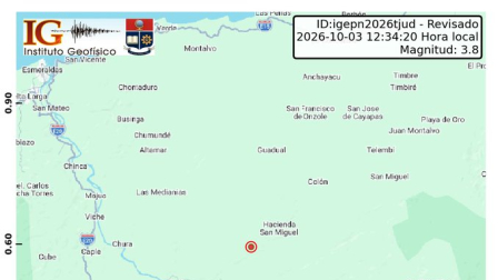 El Instituto Geofísico reportó un sismo de 3.8 en Quinindé, Esmeraldas.