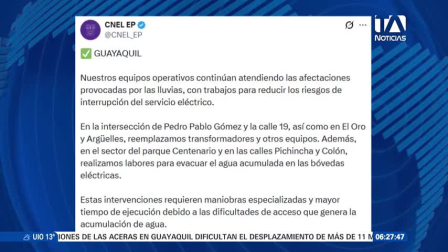 Moradores y comerciantes de varios sectores de Guayaquil registraron interrupciones prolongadas del servicio eléctrico durante el fin de semana. En zonas comerciales como Urdesa, la suspensión de energía se extendió por hasta dos días sobre la avenida Víctor Emilio Estrada, lo que generó malestar y pérdidas económicas en los establecimientos del sector. Un reporte de Camila Guevara.