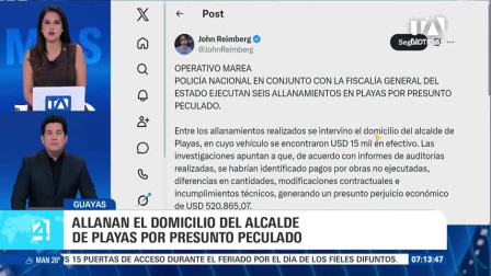 En un operativo desplegado por las autoridades judiciales, se allanó la residencia Gabriel Balladares, alcalde del cantón Playas en el marco de una investigación por presunto peculado. La intervención fue confirmada en redes sociales por el ministro del Interior, John Reimberg, quien detalló que en posesión de Balladares se hallaron 15 000 dólares en efectivo. Las auditorías previas señalan pagos por obras no ejecutadas, inconsistencias en cantidades, modificaciones contractuales e incumplimientos técnicos que habrían provocado un perjuicio económico al Estado superior a los 500 000 dólares.