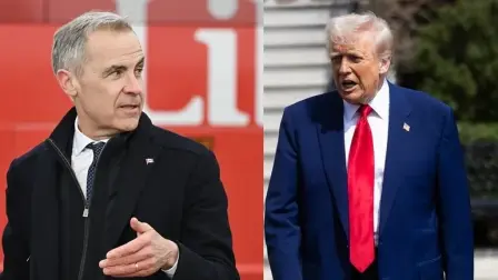 El primer ministro de Canadá, Mark Carney (i), y el presidente de Estados Unidos, Donald Trump (d), quienes negociarán un nuevo acuerdo comercial para sus países.