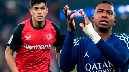 A la izquierda el defensa del Bayern Leverkusen, Piero Hincapié y a la derecha el defensor del PSG, Willian Pacho.