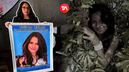 Elizabeth Rodríguez sostiene un cartel con una foto de cómo se vería su hija Juliana Campoverde tras 11 de desaparición.