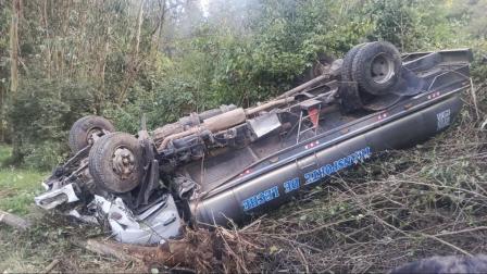 Un camión que transporta leche quedó totalmente volcado sobre la vegetación.
