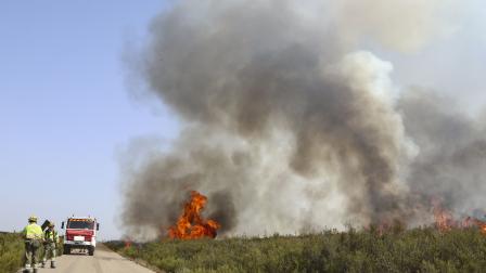 Los brigadistas trabajan en la extinción del Incendio forestal que afecta a Puercas (Zamora), en la Sierra de la Culebra, en España.